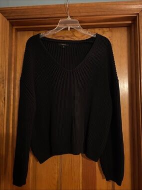 Quince Black V-Neck Fisherman Sweater